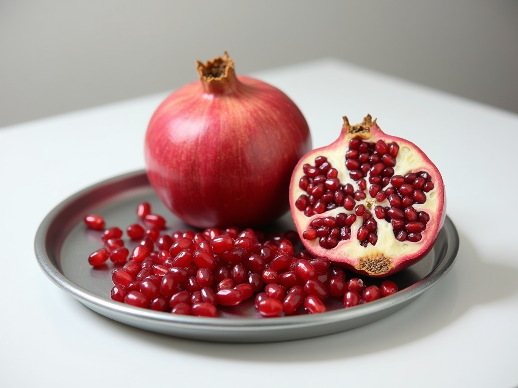 Fresh whole and cut pomegranate showing red arils